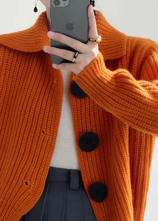 Dame Strikket Cardigan med Peter Pan Krage i Orange 4
