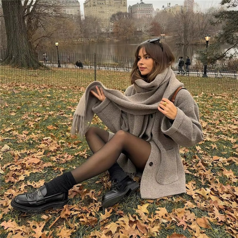 Dame Strikket Frakk med Sjal 4