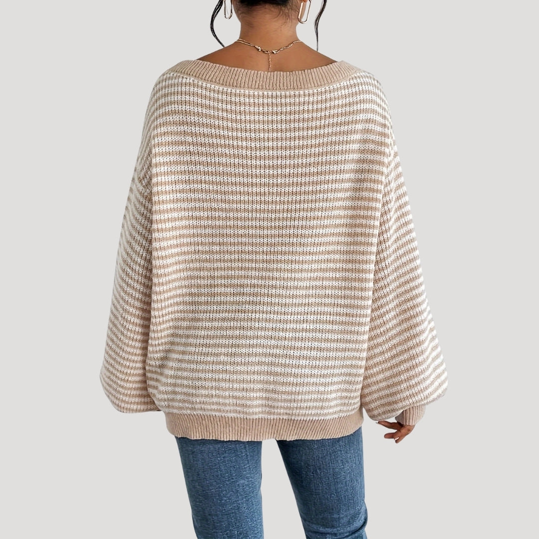 Dame Strikket Genser Med Stripete Design 4
