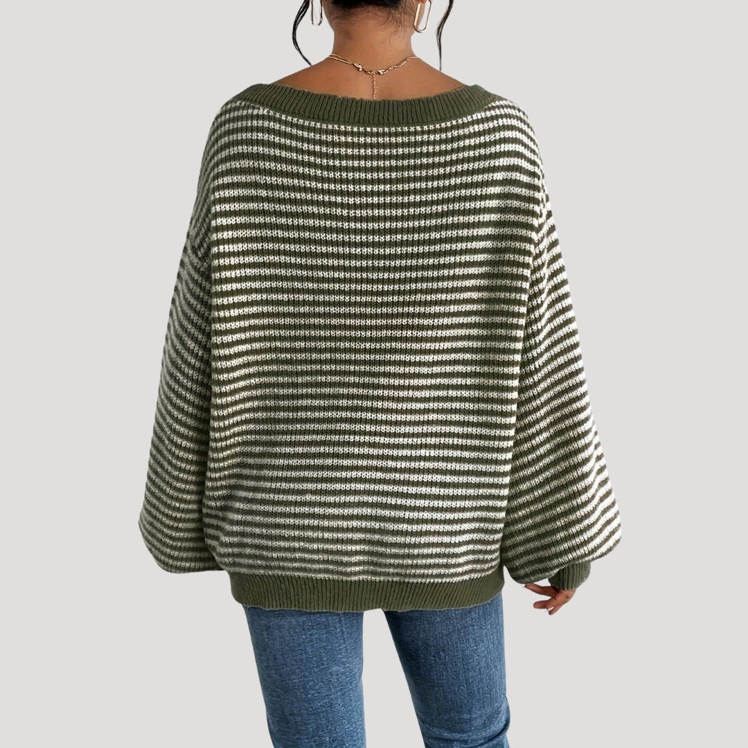Dame Strikket Genser Med Stripete Design 6