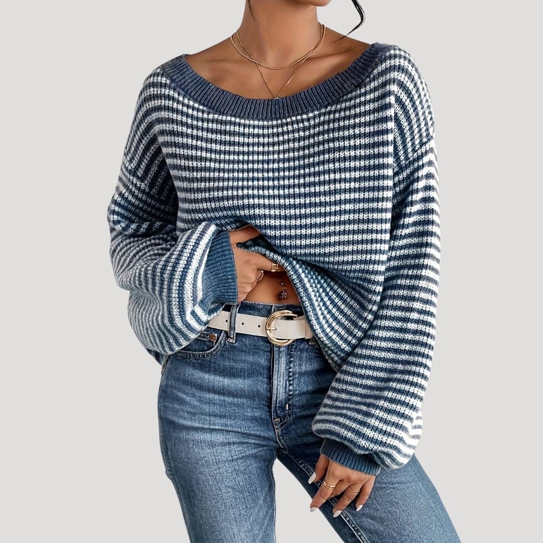 Dame Strikket Genser Med Stripete Design 8