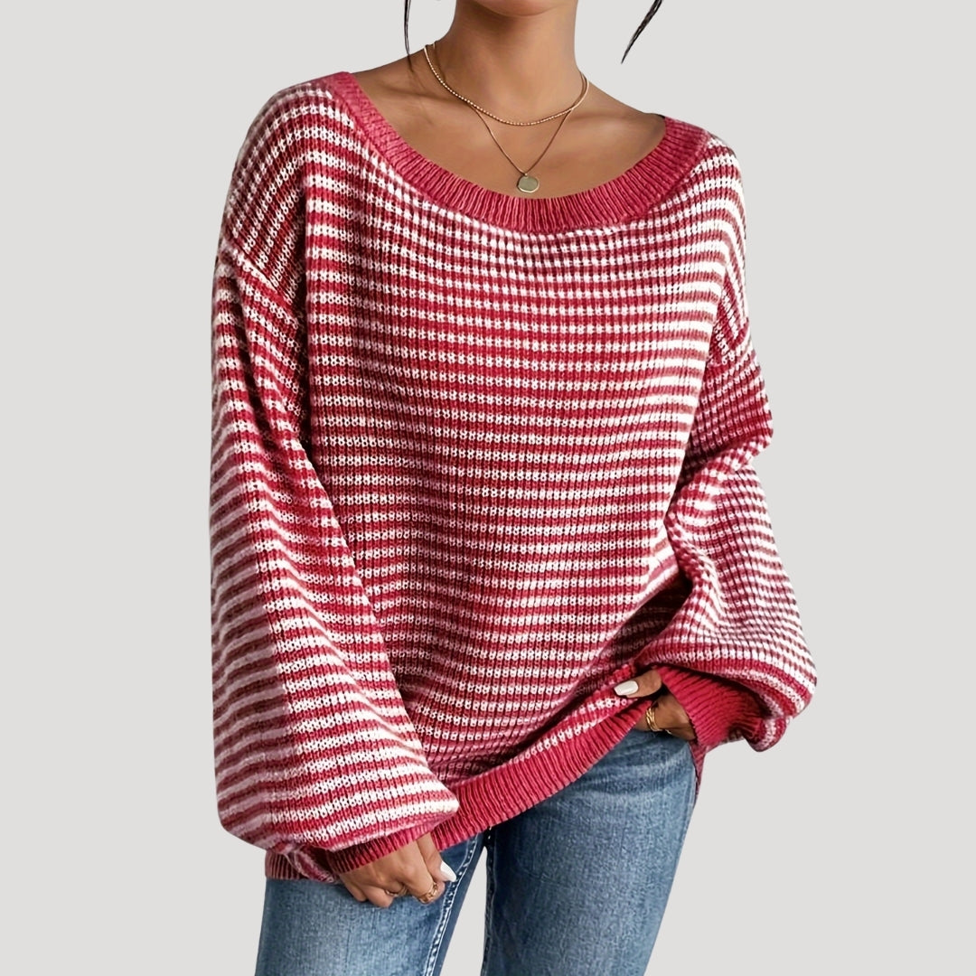 Dame Strikket Genser Med Stripete Design 9