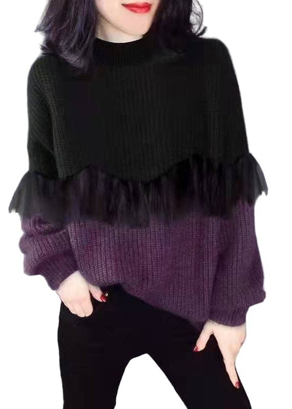 Dame Strikket Genser O-hals Patchwork 0