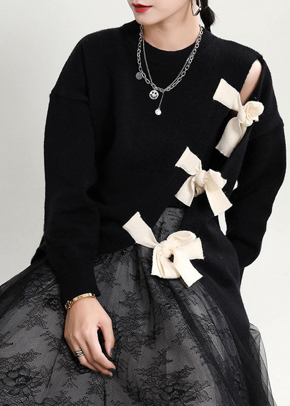 Dame Strikket Gensere med O-hals og Asymmetrisk Design 1