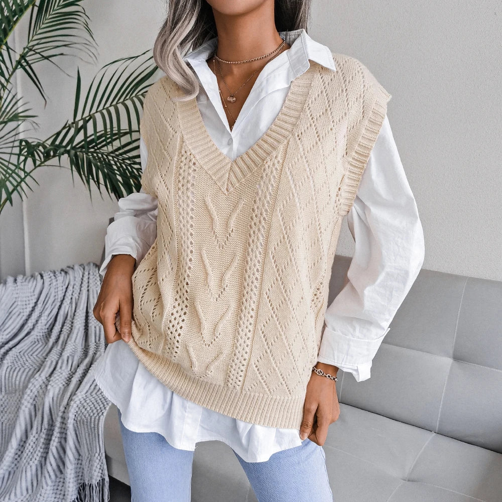 Dame Strikket Uten Ermer Pullover Chic 3