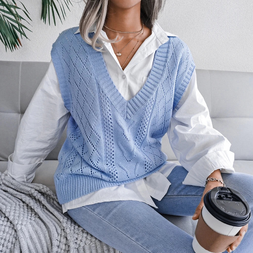 Dame Strikket Uten Ermer Pullover Chic 5