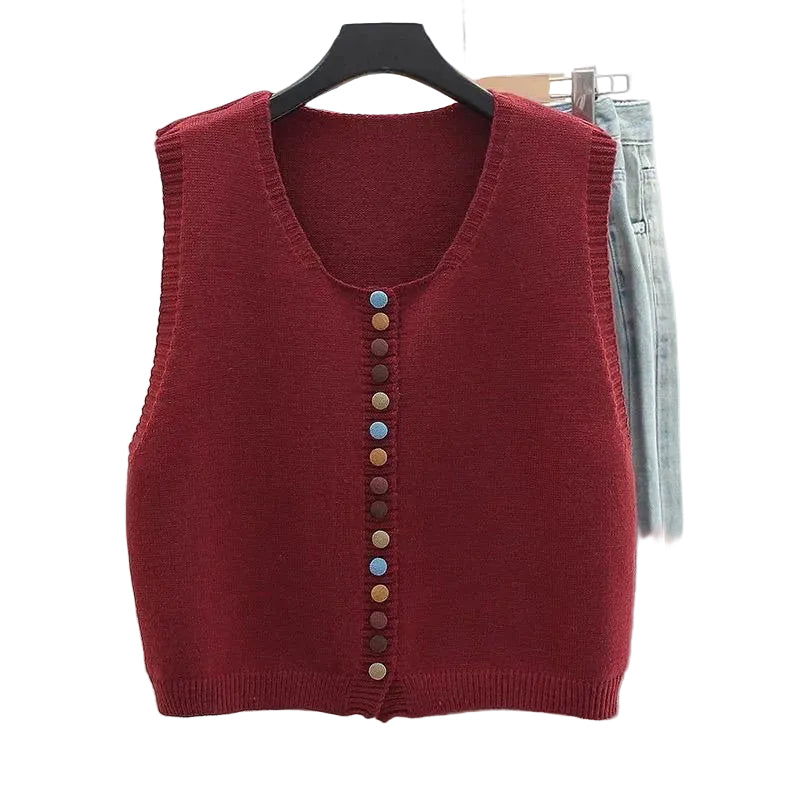 Dame Strikket Vest med Fargerike Knapper 0