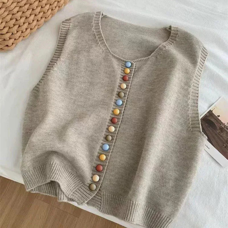 Dame Strikket Vest med Fargerike Knapper 2