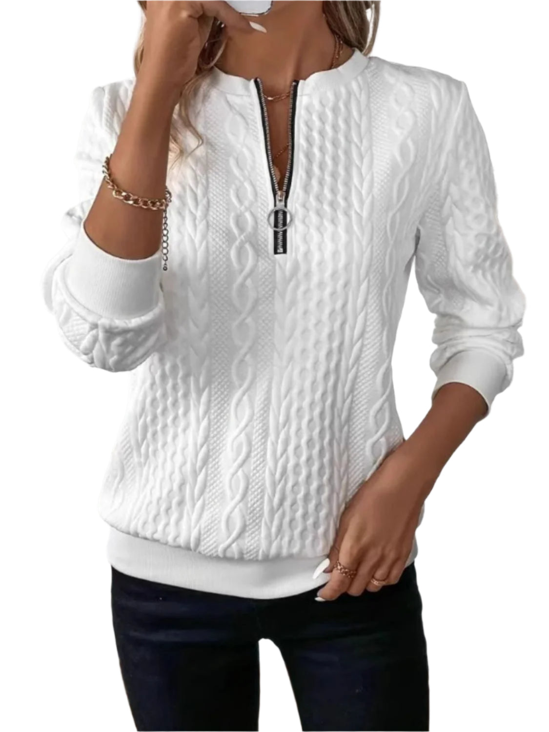 Dame Sweatshirt Halv Glidelås Teksturert Polyester 0