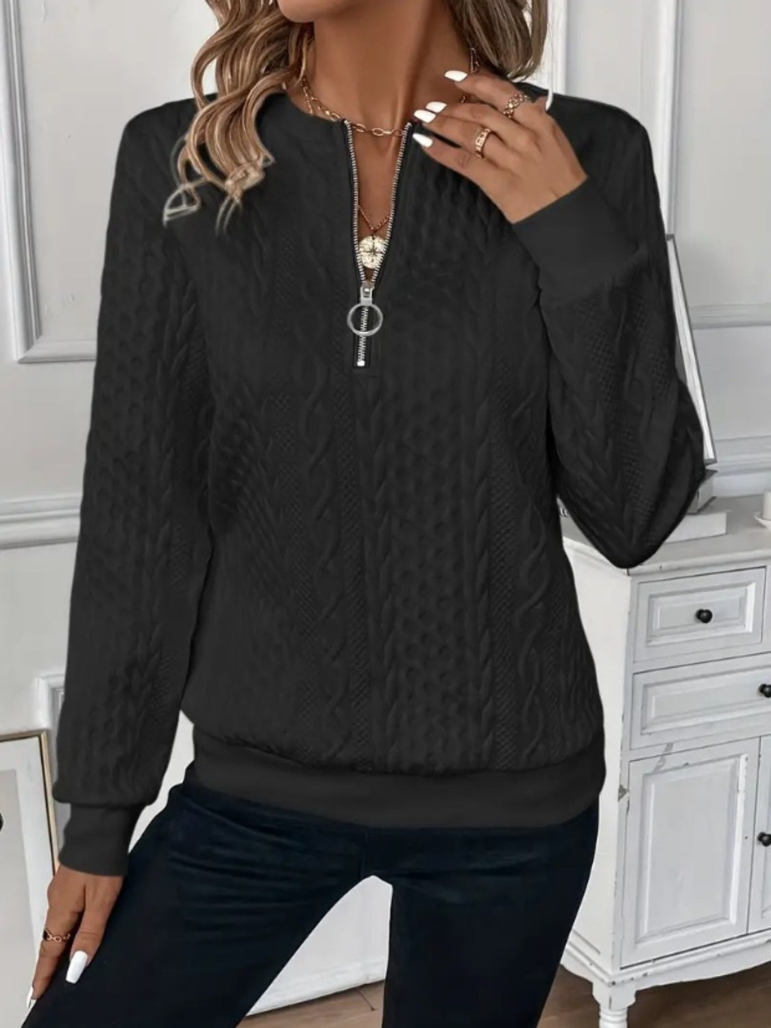 Dame Sweatshirt Halv Glidelås Teksturert Polyester 11