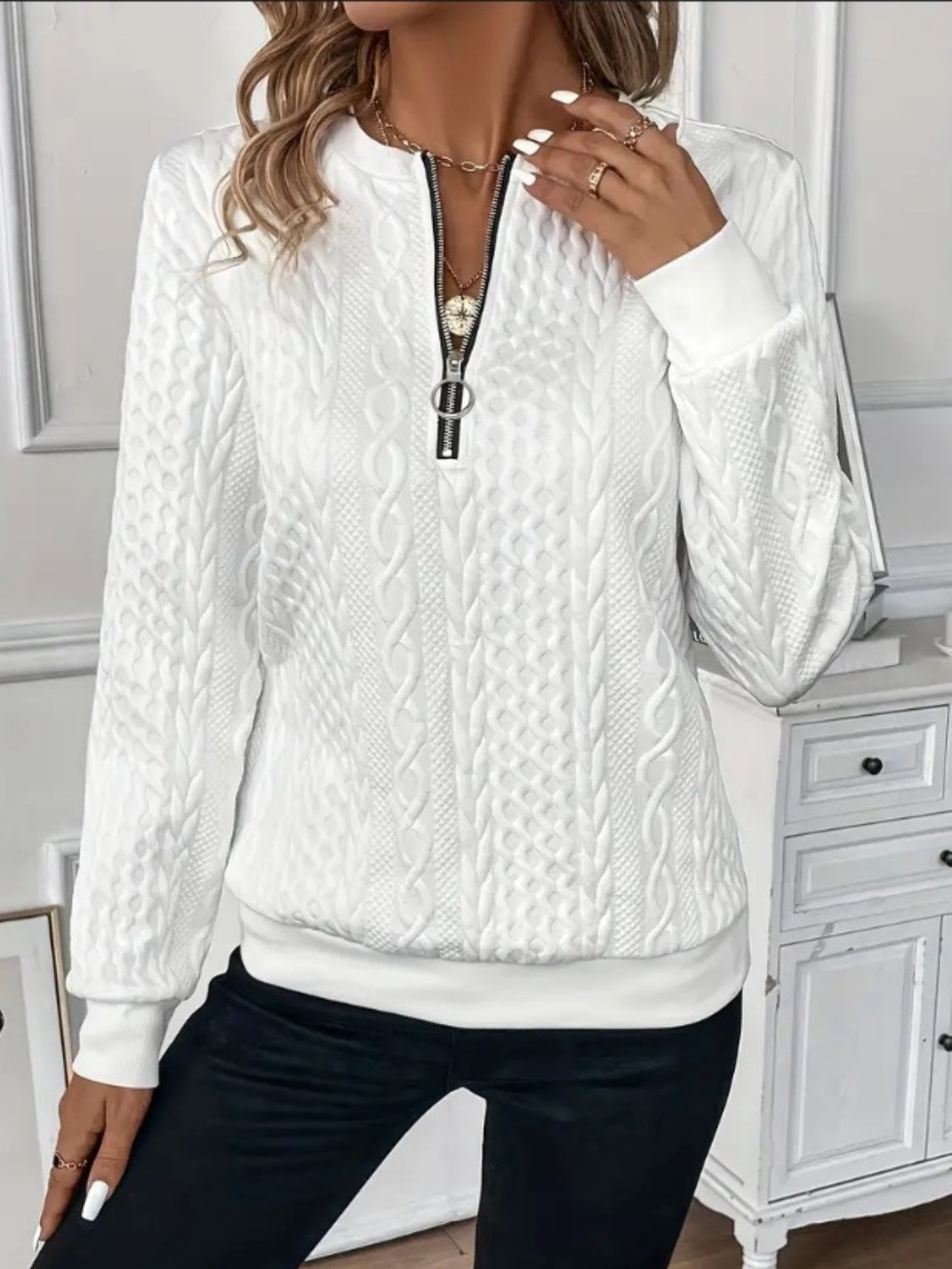 Dame Sweatshirt Halv Glidelås Teksturert Polyester 2