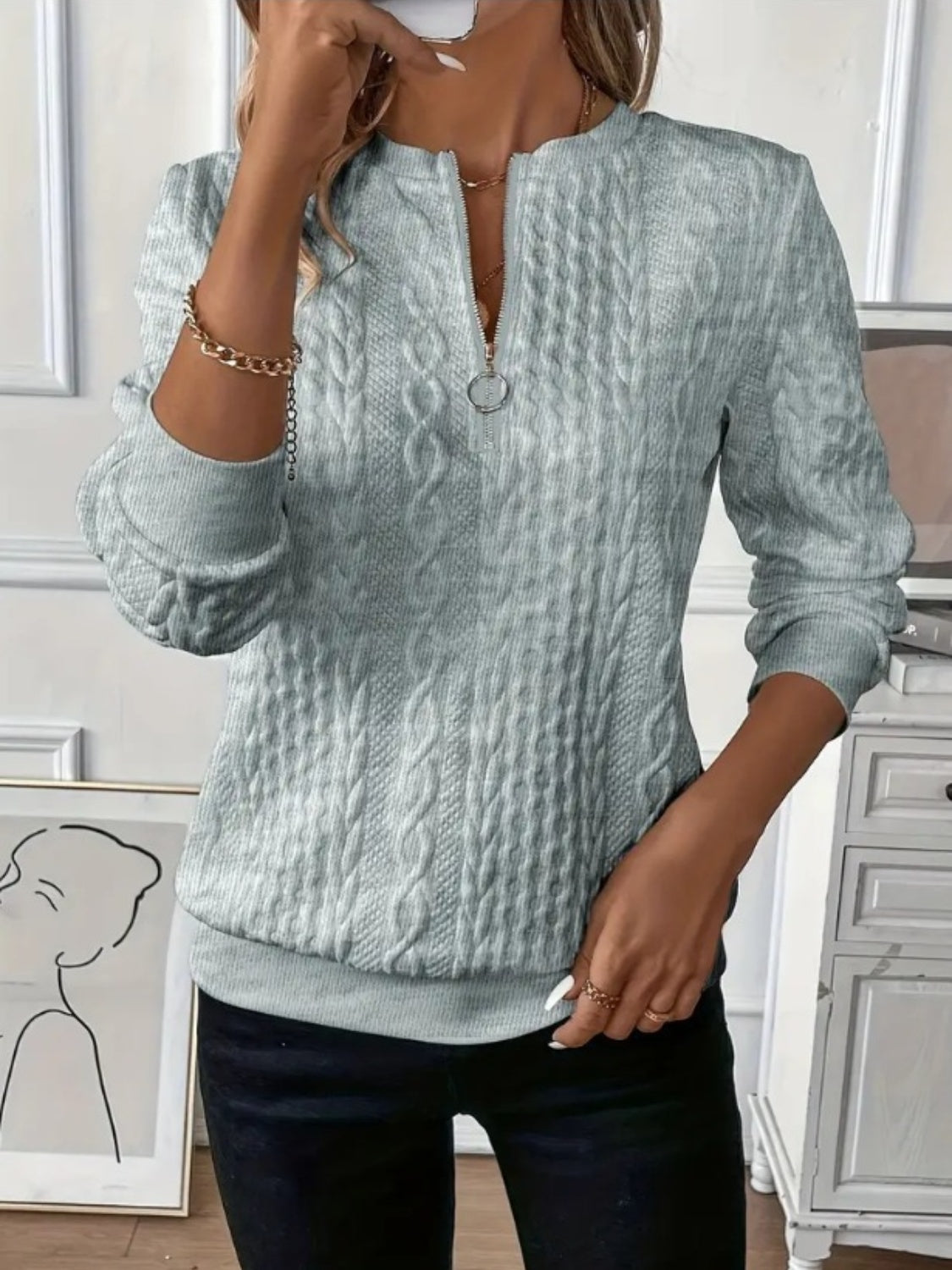 Dame Sweatshirt Halv Glidelås Teksturert Polyester 6
