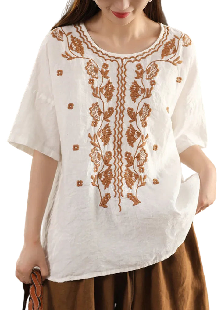 Dame T-skjorte O-hals Brodert Sommerstil 0