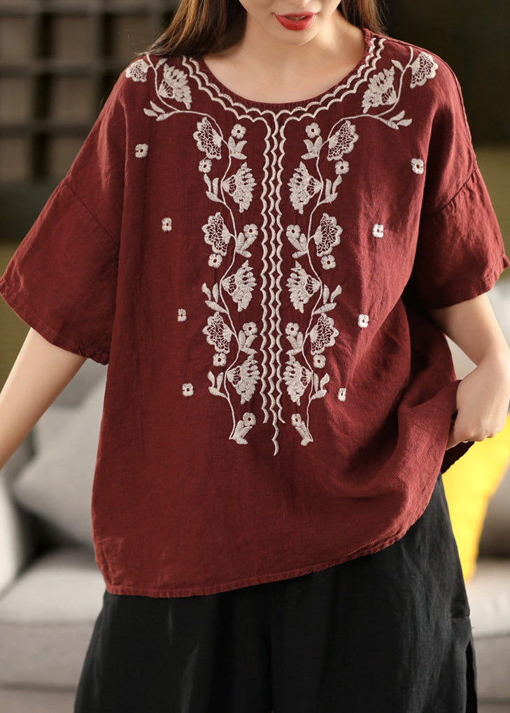 Dame T-skjorte O-hals Brodert Sommerstil 2