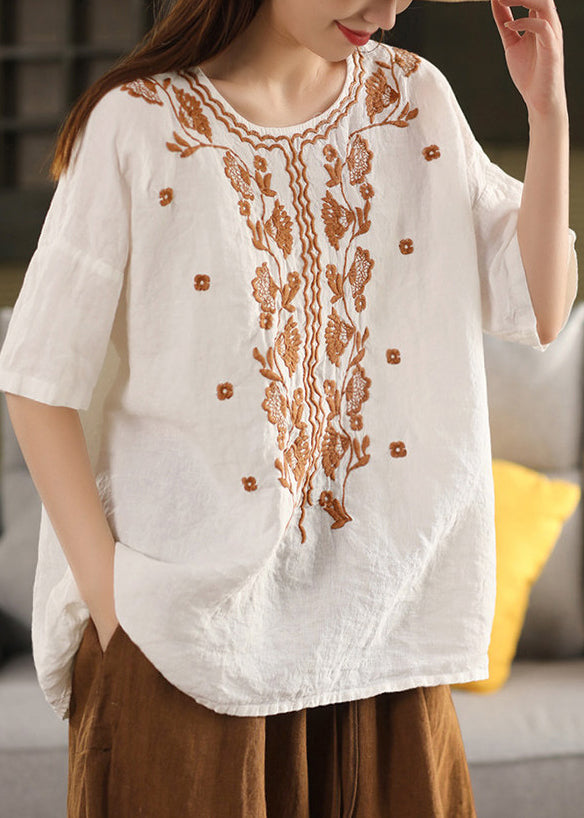Dame T-skjorte O-hals Brodert Sommerstil 3