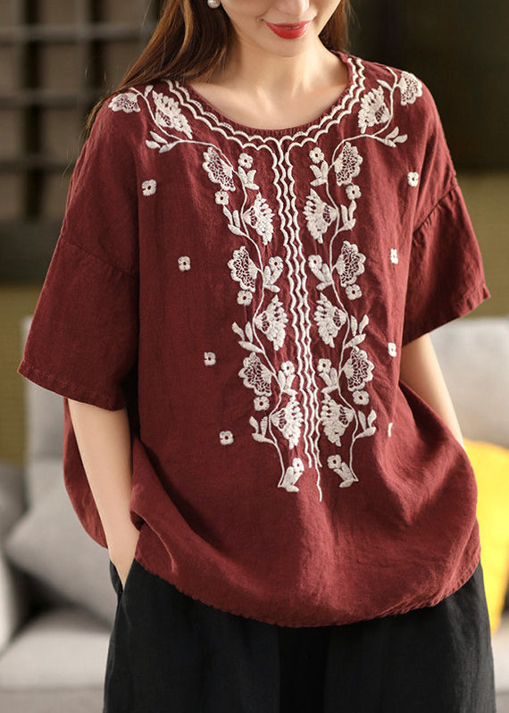 Dame T-skjorte O-hals Brodert Sommerstil 4