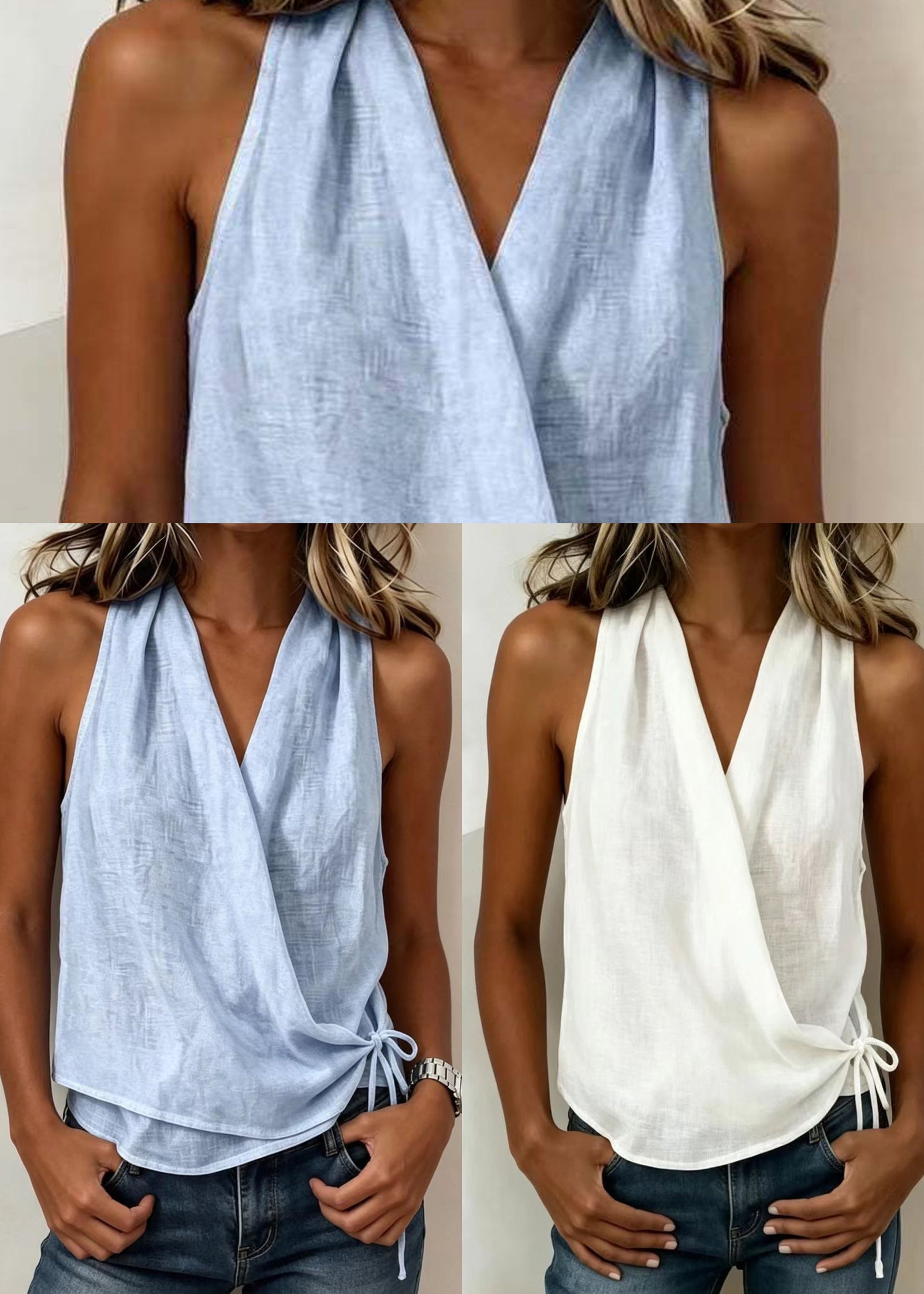 Dame Tank Top V-hals med Snøring Ermeløs 4