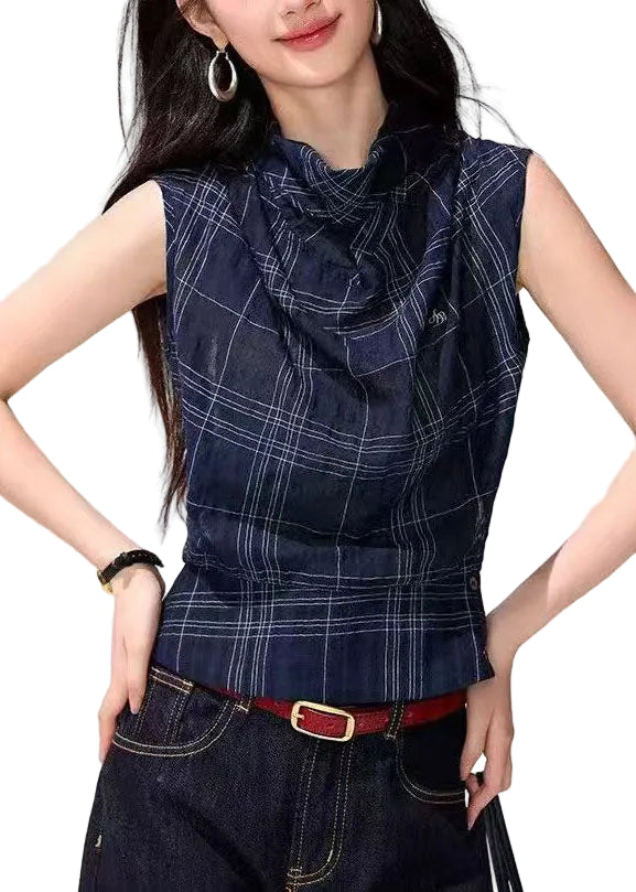 Dame Tanktop Drapert Cowl Hals Marine Mønster 0