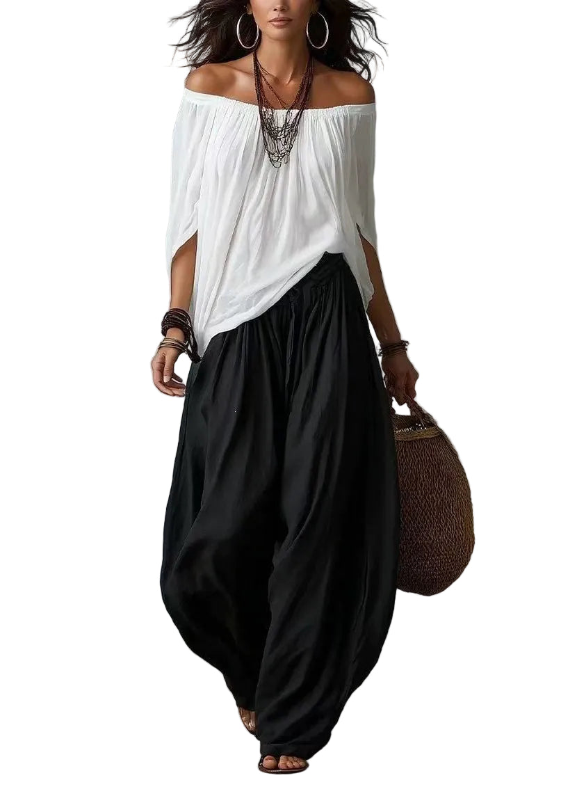 Dame To-Delt Sett Løs Passform Batwing Ermer Slash Hals 0