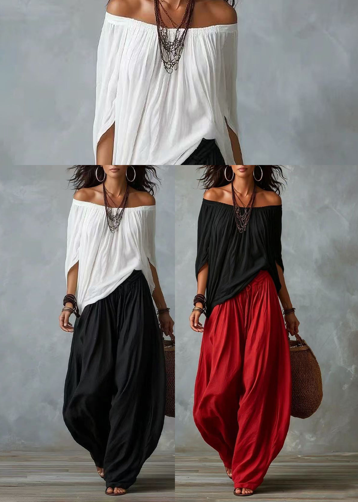 Dame To-Delt Sett Løs Passform Batwing Ermer Slash Hals 4