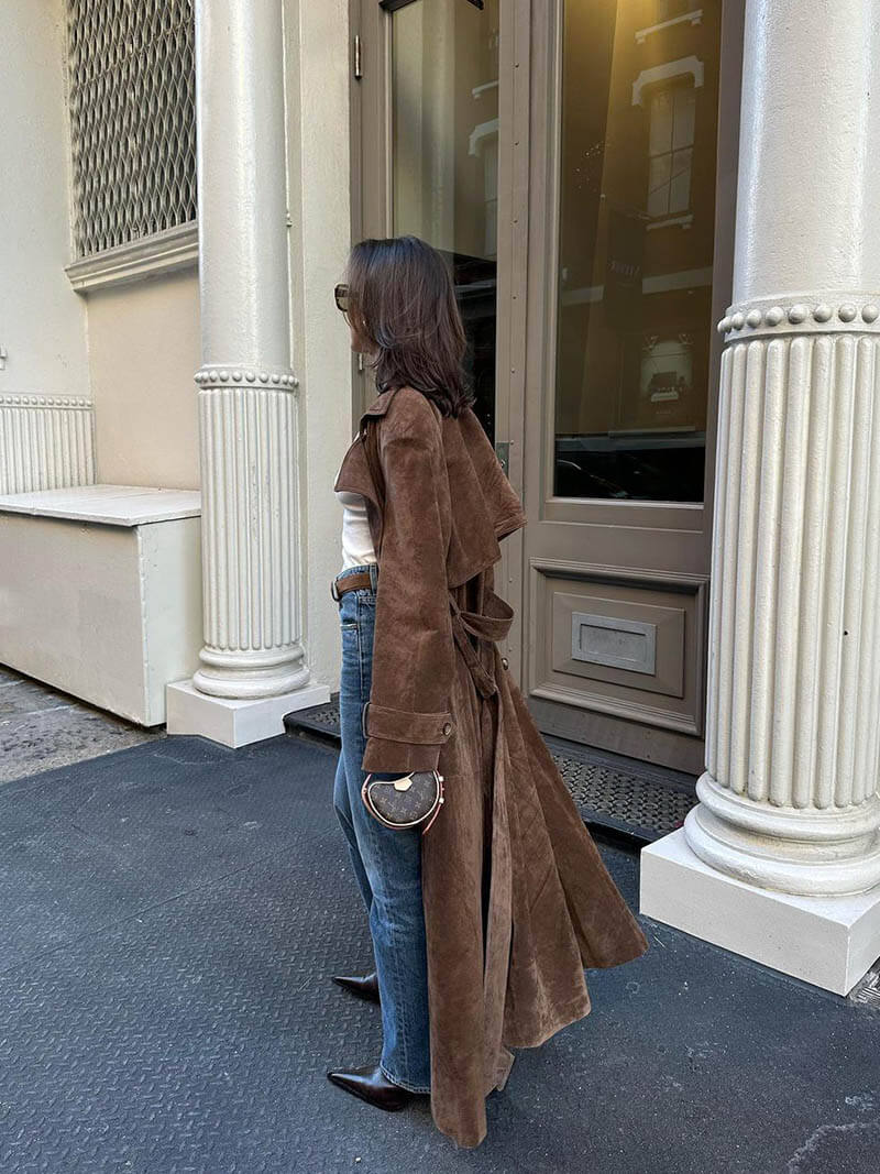 Dame Trenchcoat Suède Look Midi Med Belte 2