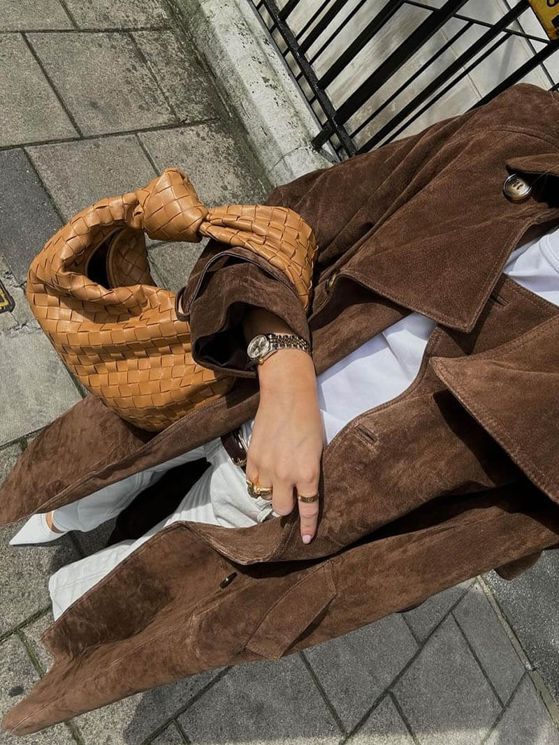 Dame Trenchcoat Suède Look Midi Med Belte 4