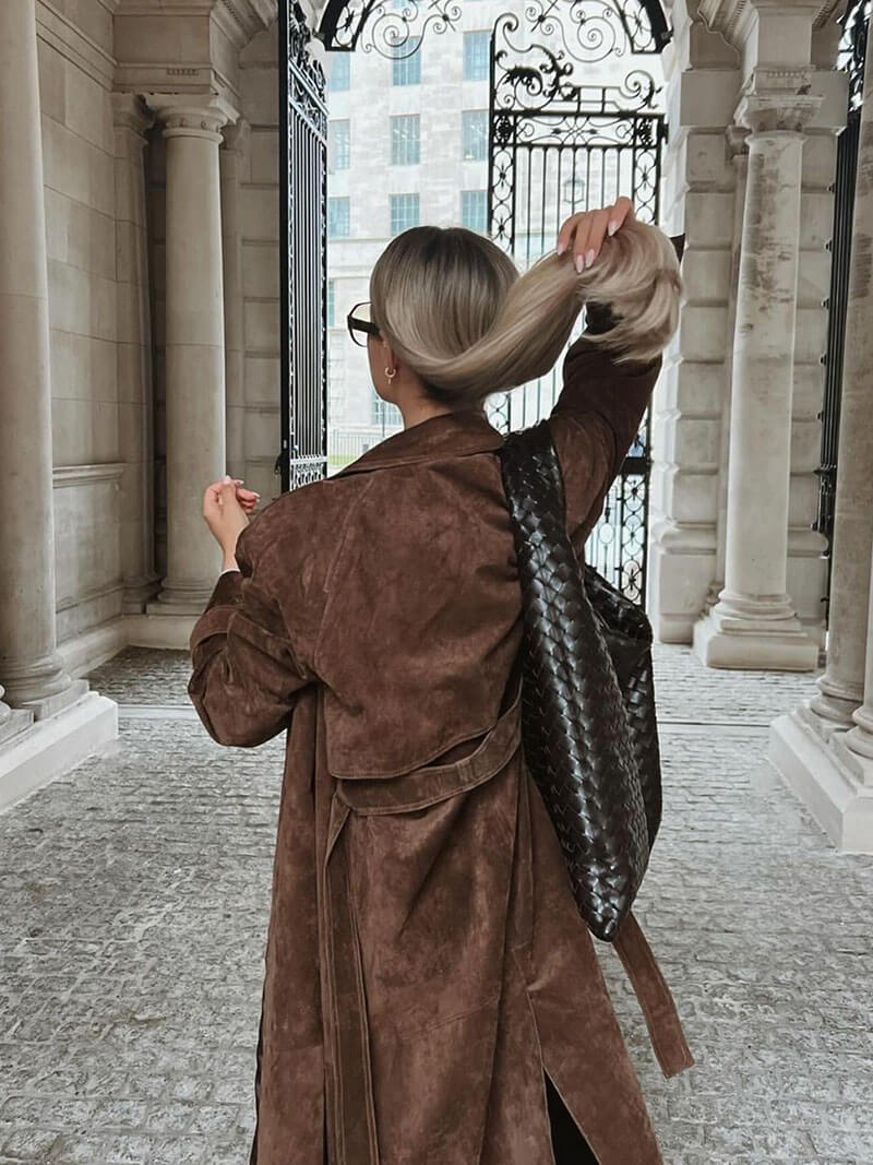 Dame Trenchcoat Suède Look Midi Med Belte 5