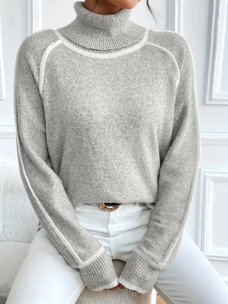 Dame Turtle Neck Genser med Kontrastdetaljer 1