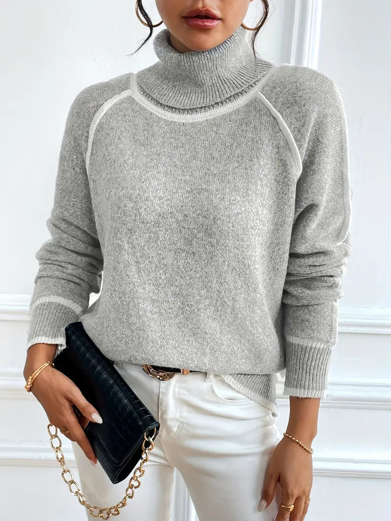 Dame Turtle Neck Genser med Kontrastdetaljer 3