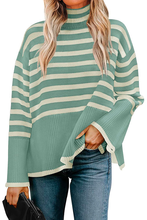 Dame Turtleneck Genser med Sidedelt Design Moderne Stripet 4