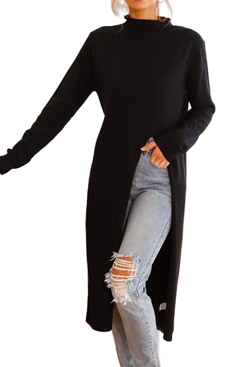 Dame Turtleneck Langermet Kjole med Høy Splitt 1