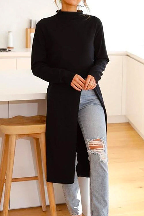 Dame Turtleneck Langermet Kjole med Høy Splitt 2