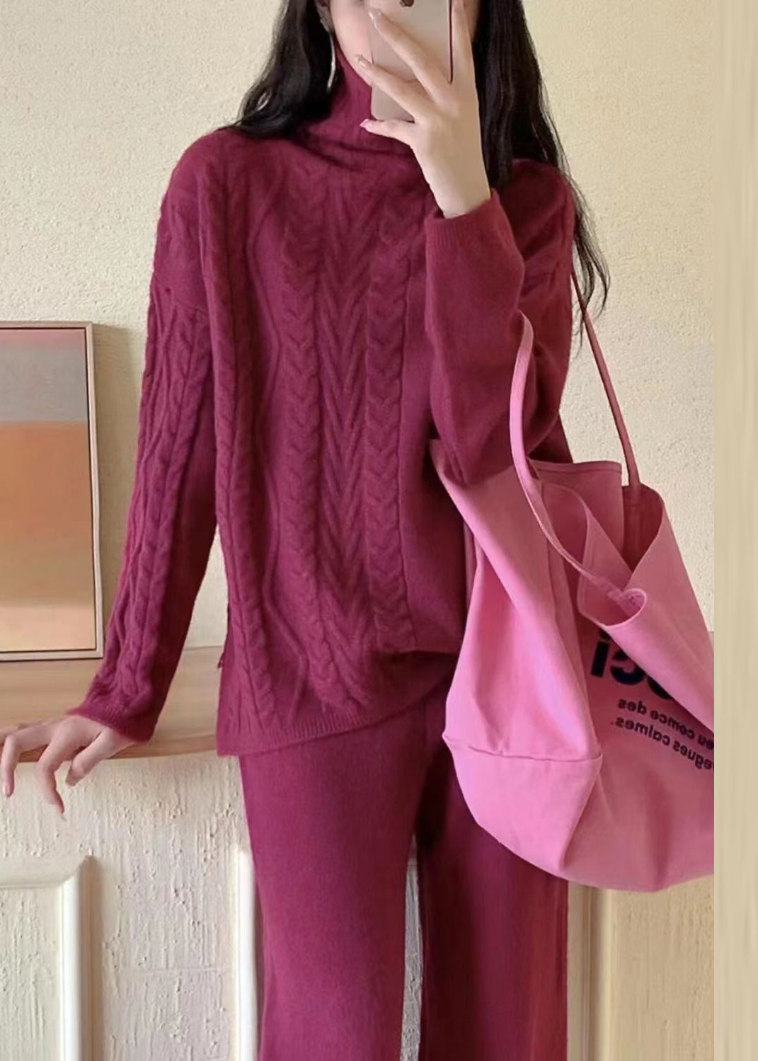Dame Turtleneck Strikket Sett med Patchwork 3