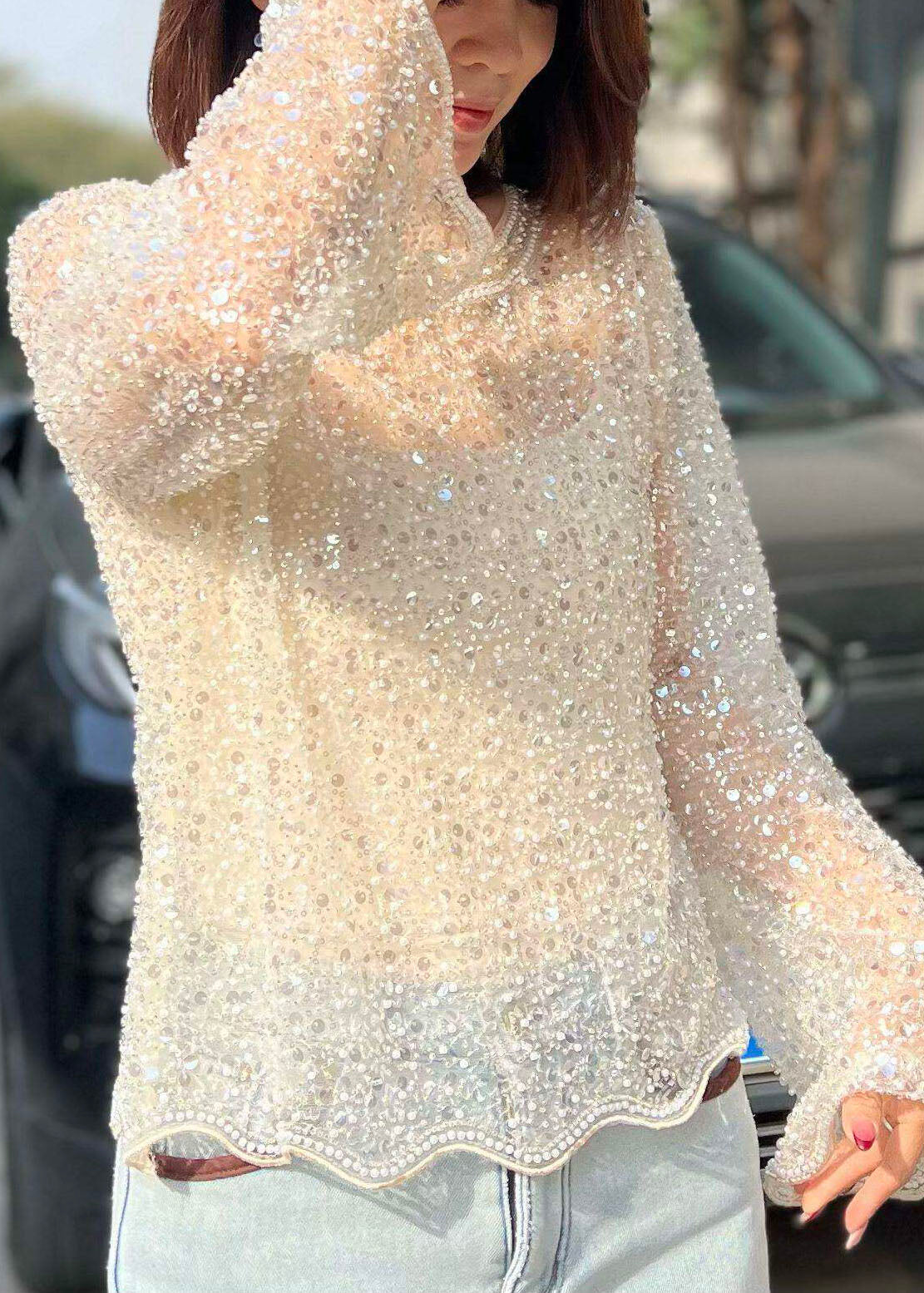 Dame Tyllskjorte med Paljetter og Flare Ermer 2