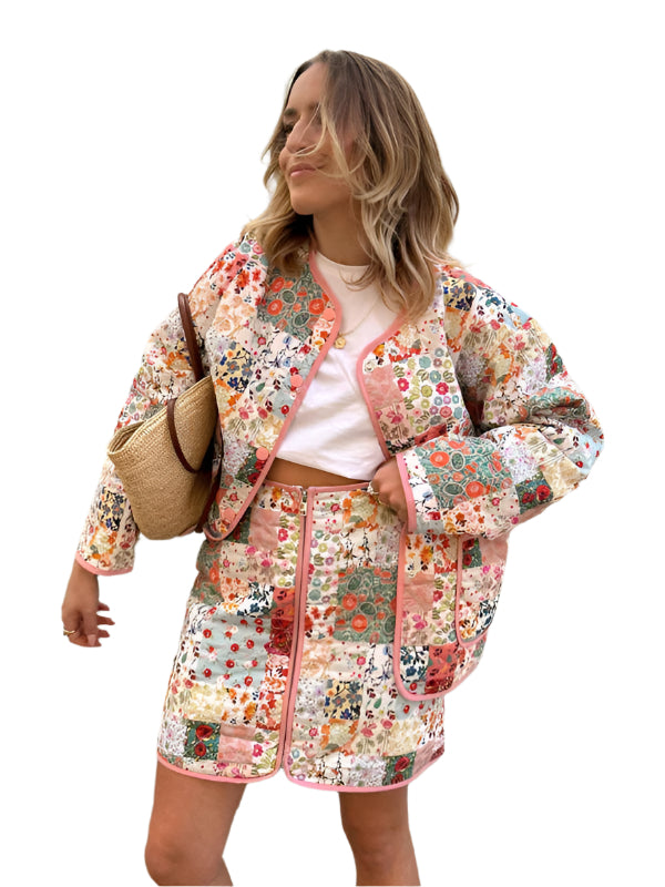 Dame Tynn Jakke Blomstertrykk Polyester Rund Hals 0