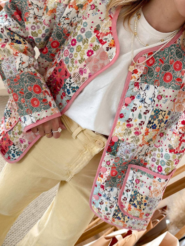 Dame Tynn Jakke Blomstertrykk Polyester Rund Hals 2
