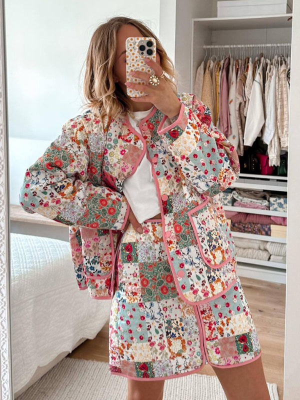 Dame Tynn Jakke Blomstertrykk Polyester Rund Hals 3