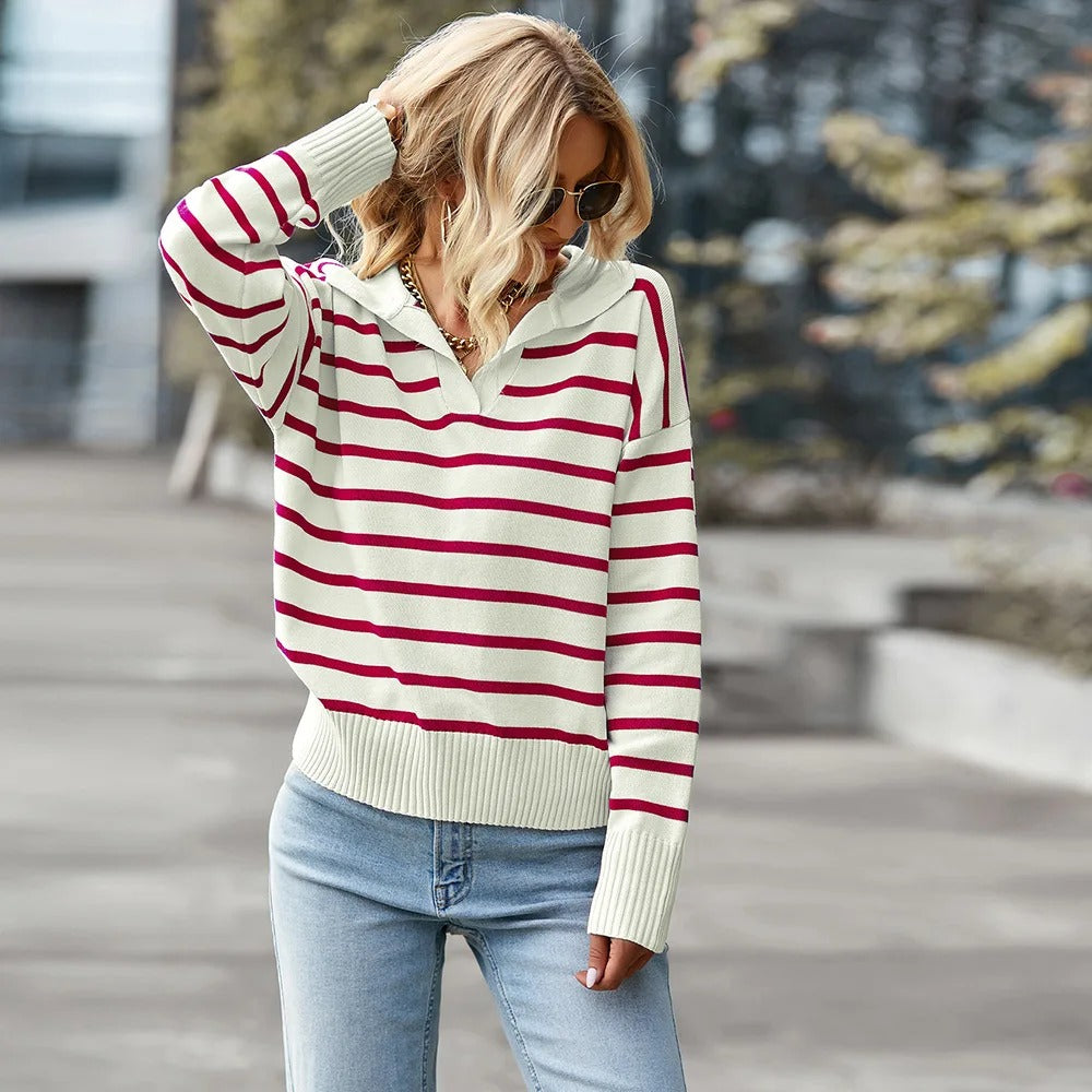 Dame V-Hals Genser med Striper 3