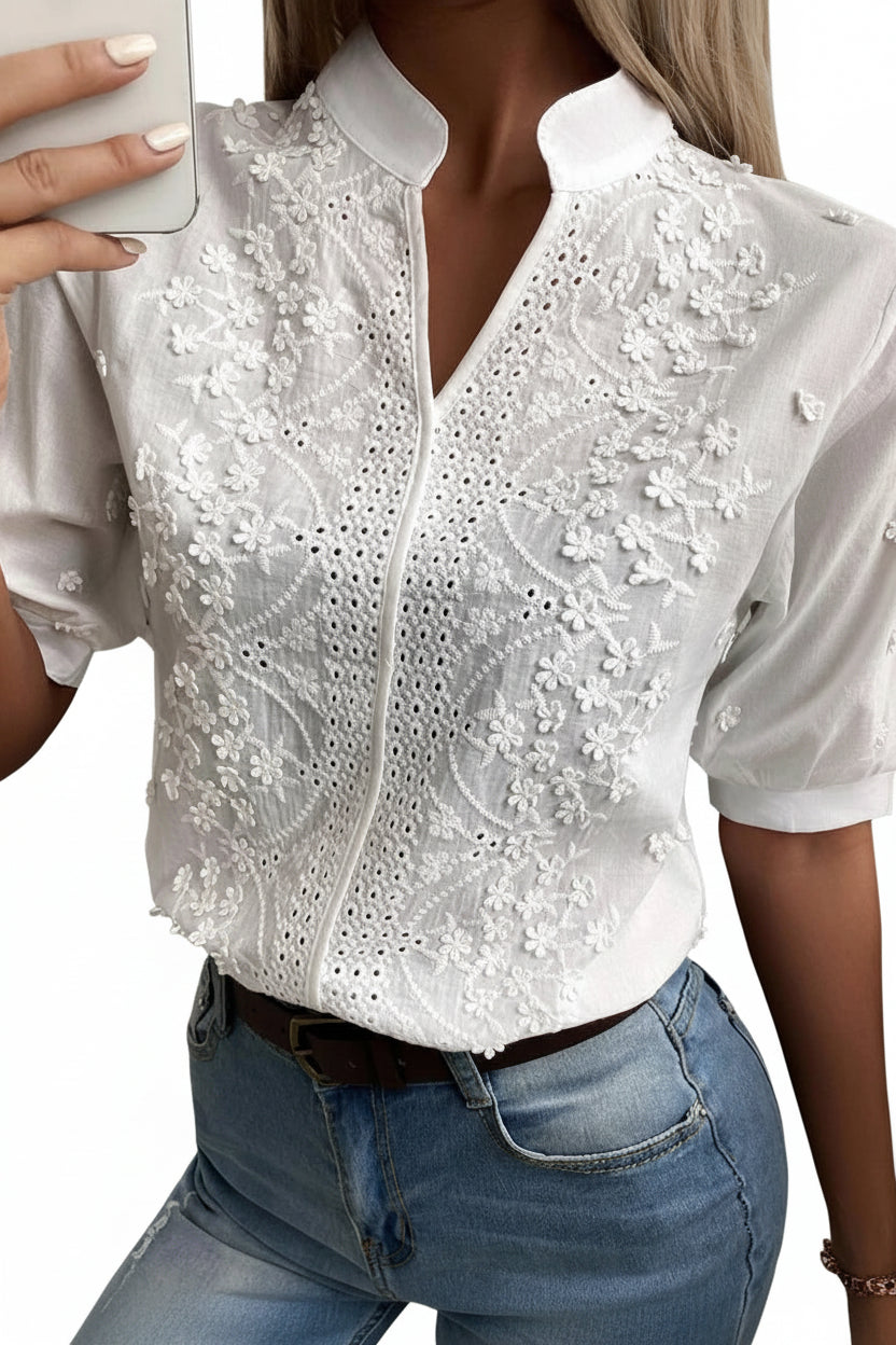 Dame V-hals Blomsterbroderi Bluse 0