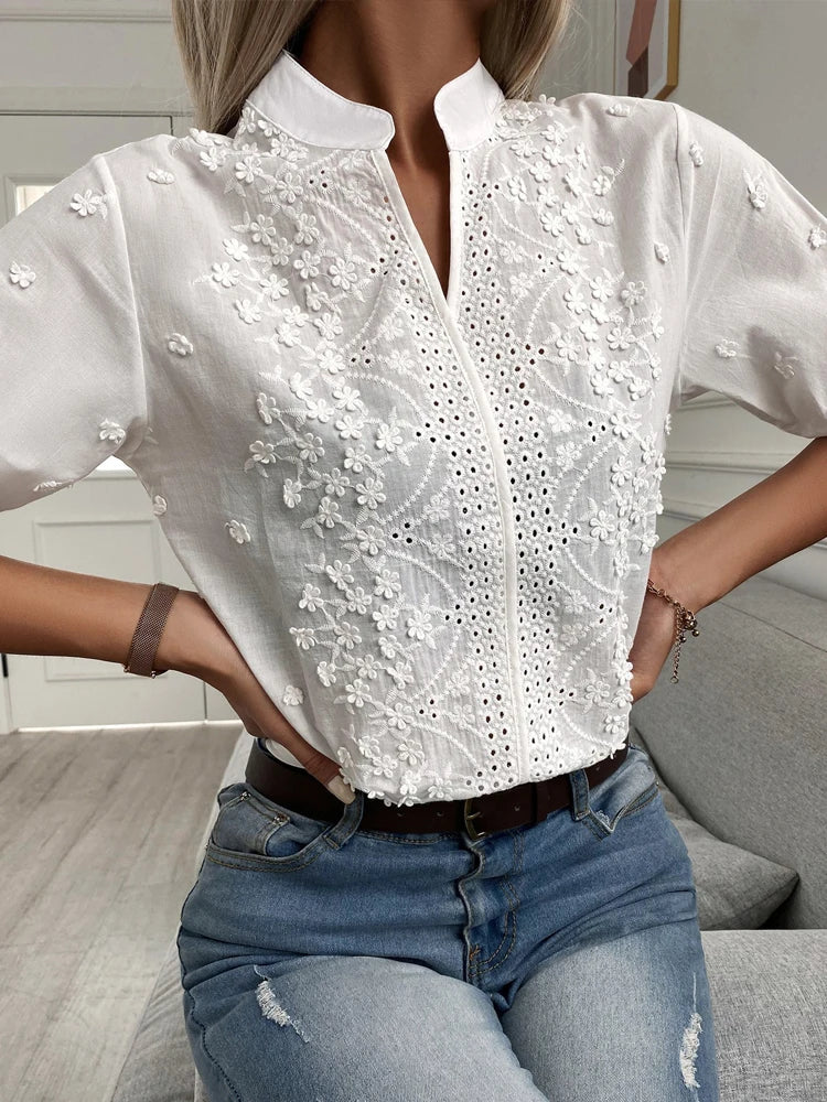 Dame V-hals Blomsterbroderi Bluse 2