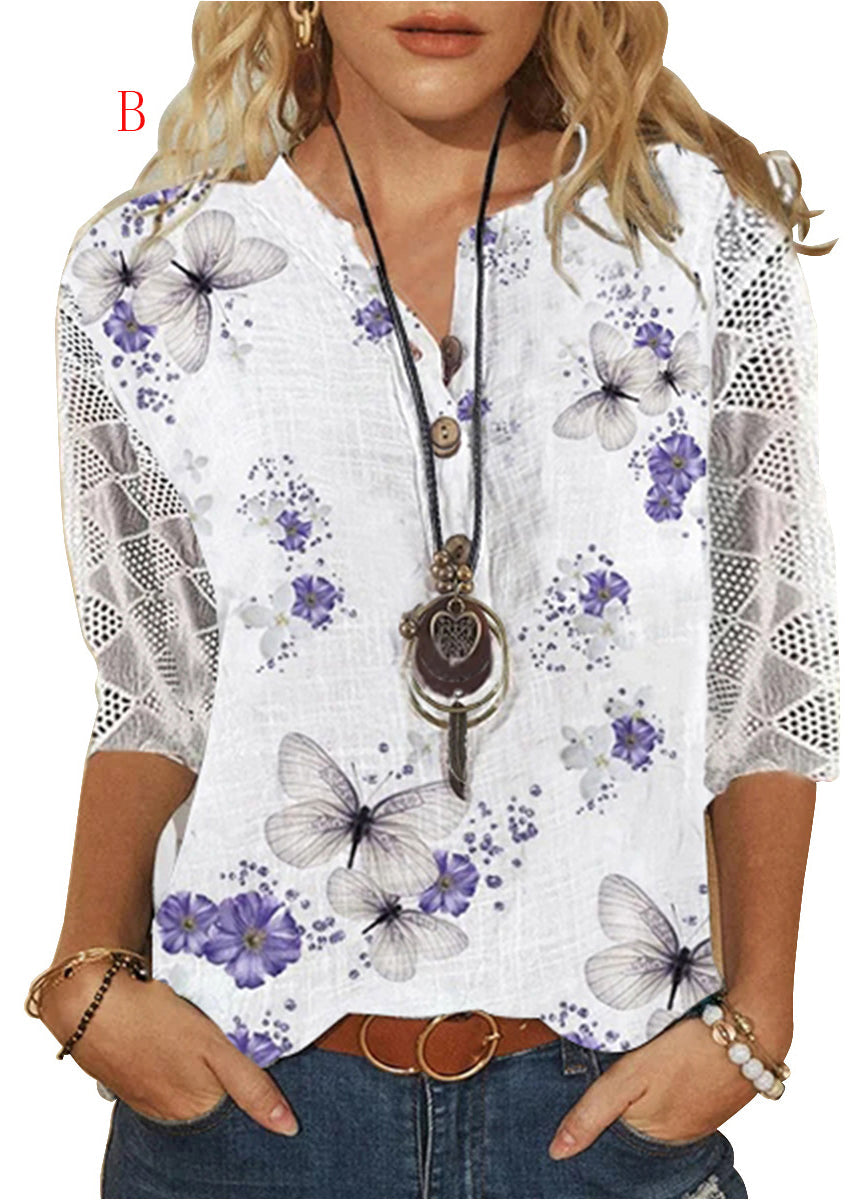 Dame V-hals Blonder Patchwork Skjorte 1