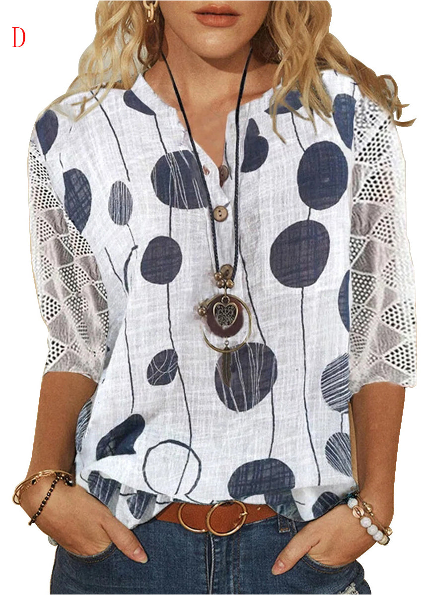 Dame V-hals Blonder Patchwork Skjorte 3