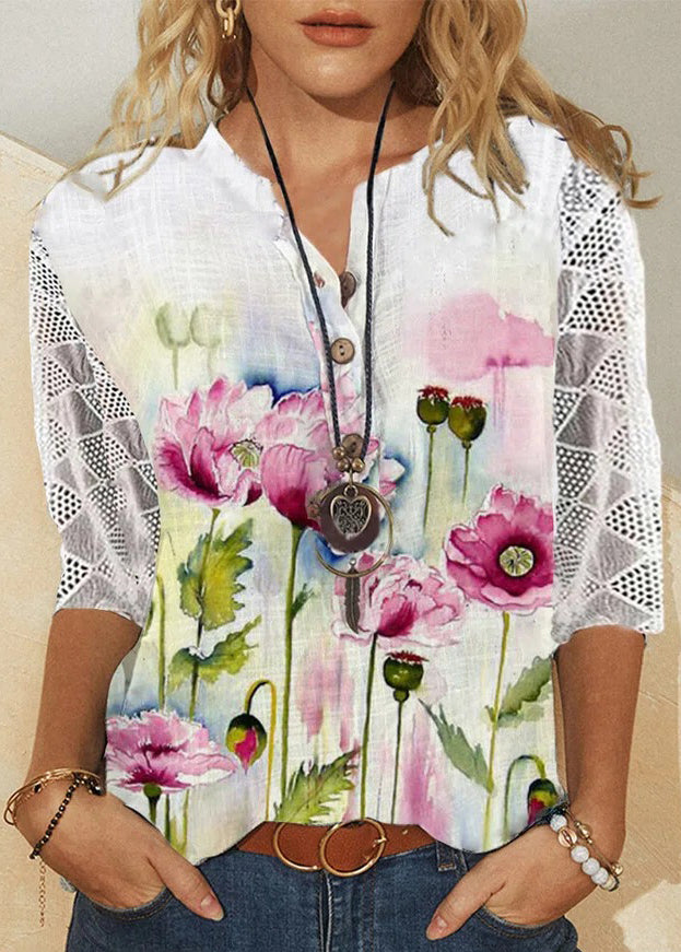 Dame V-hals Blonder Patchwork Skjorte 4