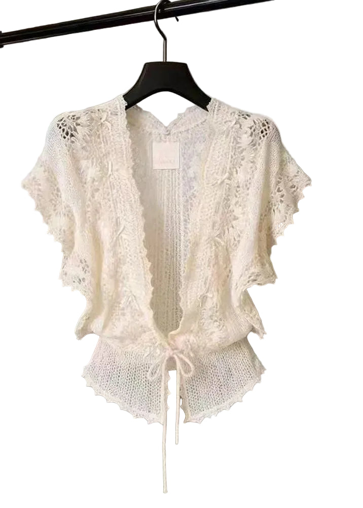 Dame V-hals Cardigan med Blonde Detaljer 0