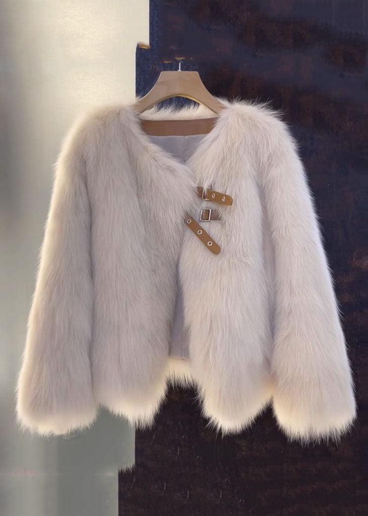 Dame V-hals Skinnfrakk med Pelsdetaljer 1