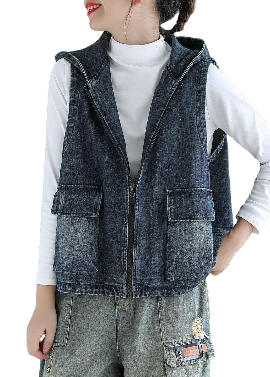Dame Vest i Blå Denim med Glidelås og Lommer 0