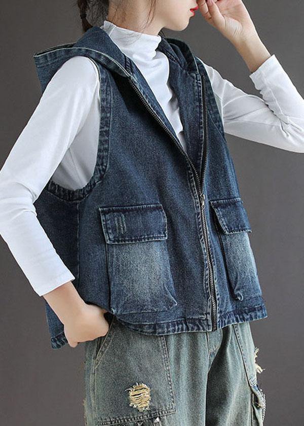 Dame Vest i Blå Denim med Glidelås og Lommer 1