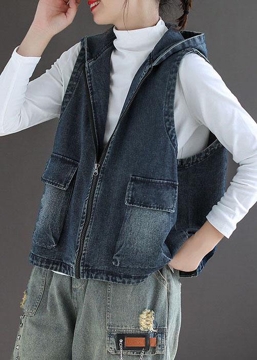 Dame Vest i Blå Denim med Glidelås og Lommer 2
