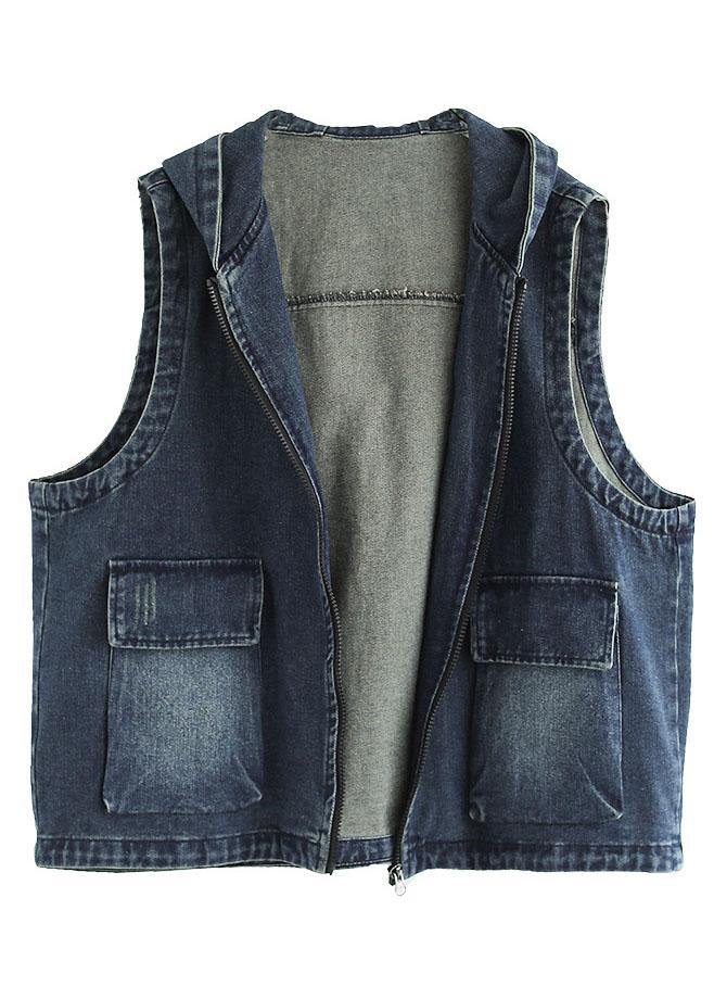 Dame Vest i Blå Denim med Glidelås og Lommer 4