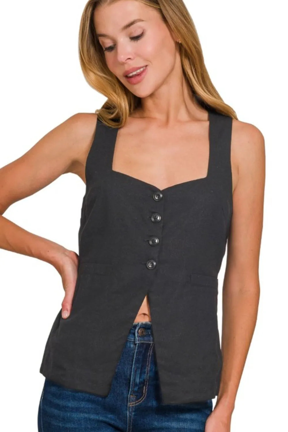Dame Vest med Knappelukking Bånd Design i Lin 0